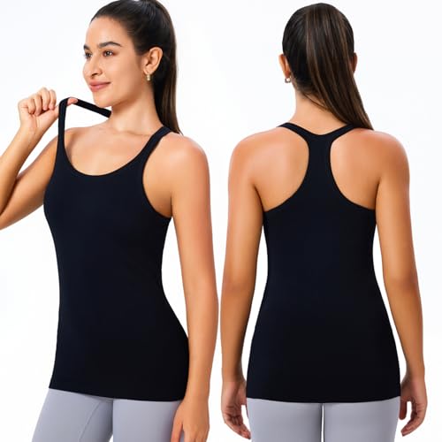 Women's Workout Tank Tops, with Built in Bra Racerback Sleeveless Camisole | Removable Pads, 1/2/3 Pack, A-D Cup, Hip Length, Low Support, Full Coverage, Camisole Sport Tanks, for Yoga Athletic Daily - color: Black White Gray 3 Pack, size: XX-Large
