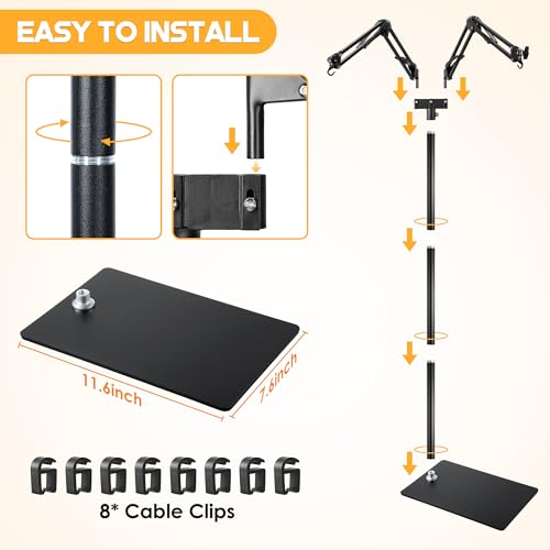 Reptile Heat Lamp Stand, Dual Reptile Light Stand with Two Flexible Bracket | Adjustable Heat Lamp Stand (15.7-74.3inch) with 360° Swing Arm and Anti tip Clip for Bearded Dragon Turtles Snake