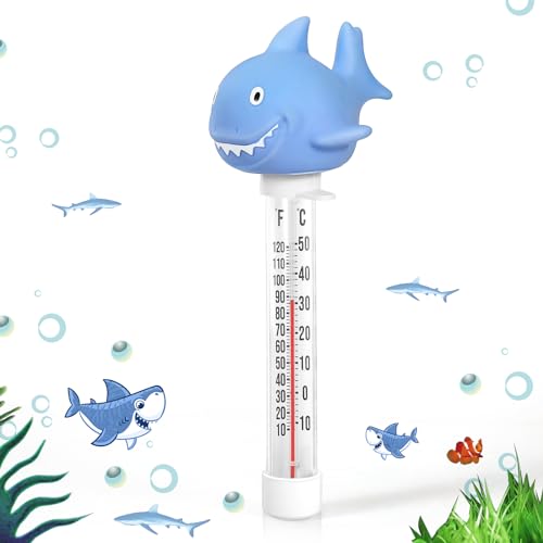Pool Thermometer Floating, Water Temperature Thermometer with String, Large Size Easy Read & Shatter Resistant Pool Accessories for Outdoor & Indoor Swimming Pool, Spa,Ice Bath and Hot Tub (Shark) - color: Blue