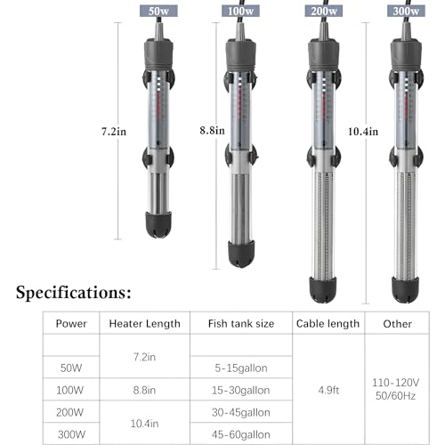 50W Submersible Aquarium Heater, Adjustable Temperature for Fish Turtle Tank with Suction Cup Mounting