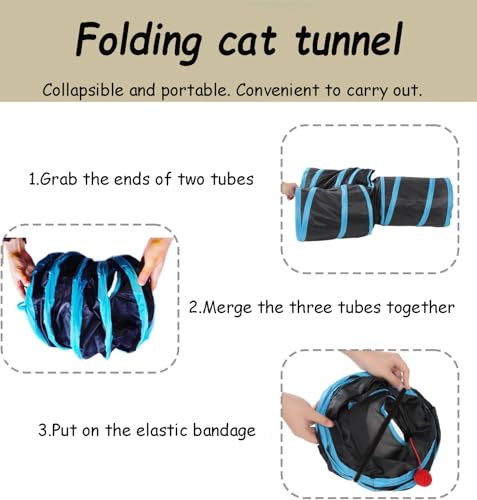 3-Way Collapsible Cat Tunnel Tube Toy Black Blue | Interactive Tunnel with Hanging Ball & Peek Hole for Indoor Cats, Kittens, Puppies, Rabbits | Hours of Fun & Exercise - color: Black Blue