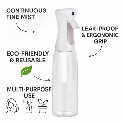 VIGOR PATH Continuous Mist Clear Spray Bottle 500ml Fine Mist for Hair | Ultra Fine Atomizer Leak Proof Ergonomic Construction 360 Refillable - size: 16.9 Ounces