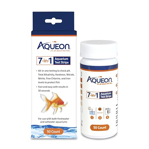 Aqueon 7-in-1 Aquarium Test Strips, Fast Results for pH, Total Alkalinity, Hardness, Nitrate, Nitrite, Free Chlorine and Iron Levels, for Freshwater and Saltwater, 50 Count
