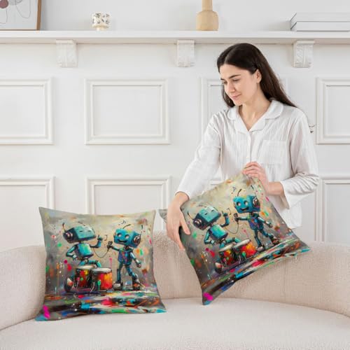 Erosebridal Cartoon Robot Throw Pillow Covers Colorful Graffiti Cushion Covers 18X18 Set of 2,Blue Robots Cushion Cases Modern Equipment Decorative Pillowcases - color: Blue Grey, size: 18" x 18" (Pack of 2)