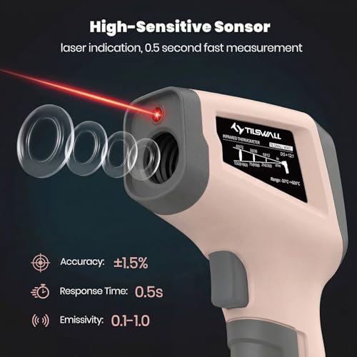Tilswall Infrared Thermometer Laser Temperature Gun-50°C~600°C (-58F~1112F | Adjustable Emissivity, for Cooking/BBQ/Vehicle Repair, Meat Thermometer Included, Not for Human(Pink),W301 - color: pink, size: -50°C ~ 600°C(with probe)