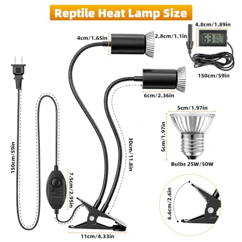 Dual-Head Reptile Heat Lamp Bundle, 24H Cycle Timer & Hygrothermograph | 360° Rotatable, UVA & UVB Basking Heat Lamp for Turtle Snake Tortoise Bearded Dragon Lizard