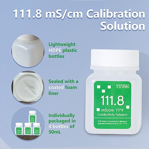 111.8 mS/cm Calibration Solution Conductivity Salt Standard Buffer Solution | EC Buffer Solution For Salinity Tester, EC Meter, TDS Meter, 7 in 1 Multi-Parameter Tester Calibration, 4 Bottles of 50mL - color: White