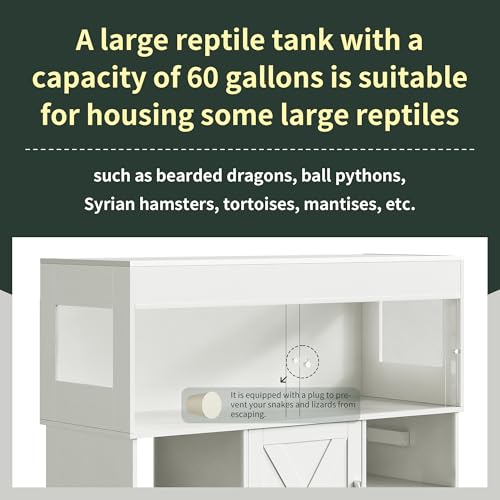 Herture 60 Gallon Reptile Tank with Stand,Reptile Enclosure with Cabinet | Snake Enclosure with Outlets,Sliding Door,Reptile Terrarium Tank Bearded Dragon Tank for Lizards,Geckos White PX02RTW - color: White, size: 60 Gallon