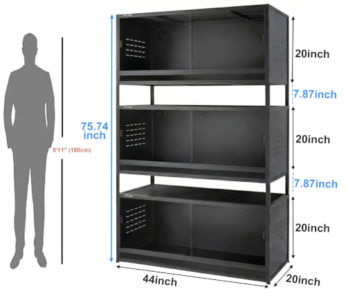 3-Tier Stackable 44x20x20 76 Gallon PVC Reptile Enclosure System, Three Habitats with Spacer Kits