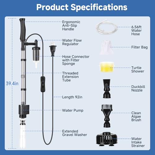 AQQA Aquarium Gravel Vacuum Cleaner, 8-in-1 Electric Fish Tank Cleaner with Automatic Water Change,320GPH Strong Suction, Anti-Clog Gravel Barrier,Sand Washer, Vacuum Cleaner for 15.7-30in Tank Height