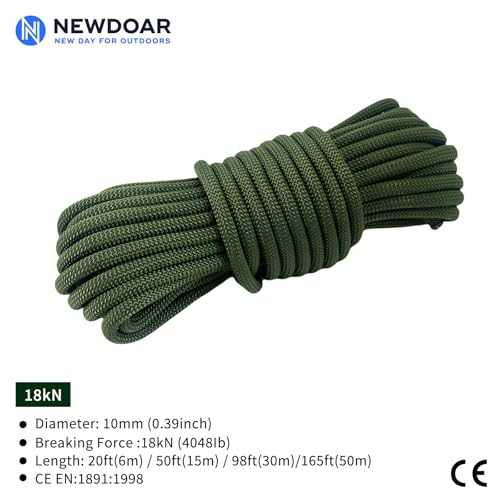 Static Climbing Rope - 8mm (5/16c) / 10mm (3/8”) Double Braid Accessory Cord for Rock,Hauling, Prusik, Survival - Pre-Cut 20FT, 50FT, 100FT, 165FT Lengths - Outdoor, Fire Rescue Equipment - color: Armygreen, size: 3/8 in x 20 ft