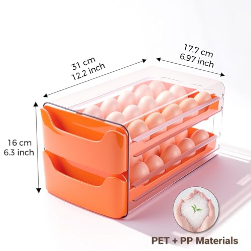 36-Egg-Holder for Fridge, Egg-Storage for Refrigerator Countertop, 2 Tier Dispenser with Drawer, Stackable Clear Egg Tray Container, Egg Organizer, Fits Large Eggs, Orange - size: 2 Tier-Orange