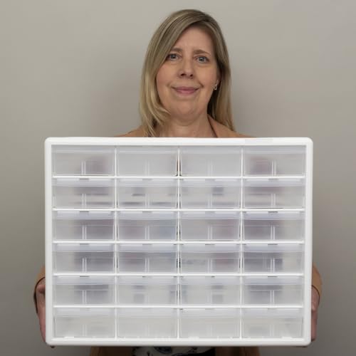 Akro-Mils 24-Drawer Plastic Storage Cabinet, 20" W x 6" D x 16" H, White | Plastic Cabinet w/ Drawers for Garage Organization, Beads, Building Bricks Storage, Teacher Toolbox, Makeup Organizer, 10124 - color: White, size: 24 Drawer, style: 1 Pack