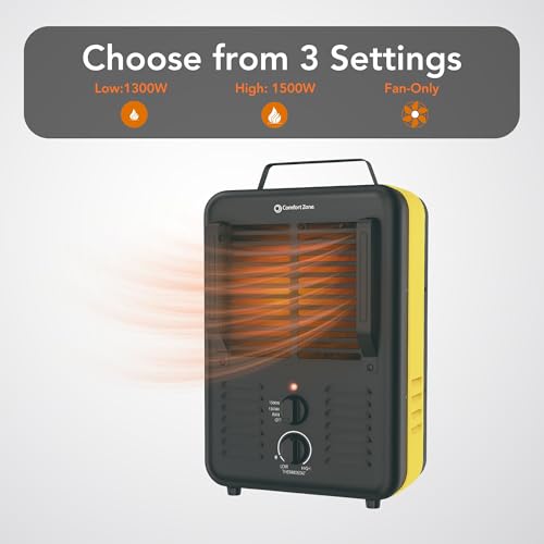 Comfort Zone 1500W Milkhouse Style Electric Utility Heater – Portable Workshop & Garage Space Heater with Adjustable Thermostat, 2 Heat Settings & Fan – All-Metal Heavy-Duty Design – Yellow/Black - color: Black/Yellow