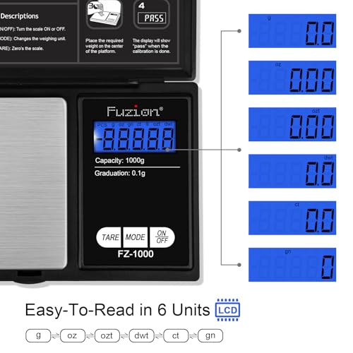 Fuzion Digital Pocket Gram Scale - 1000g/0.1g Small Food Scale Portable | Easy of Use, LCD Display, Tare Function, 6 Modes Ounces Grains, Batteries Included, Travel Food Scale - color: Black