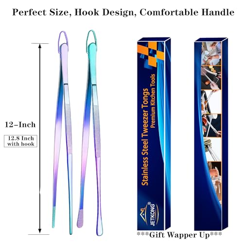 JETKONG 2 Pcs 12-Inch Culinary Tweezers Food Tweezers Kitchen Tweezer Tongs for Cooking (Rainbow) - color: Rainbow, size: 12+12 Inch