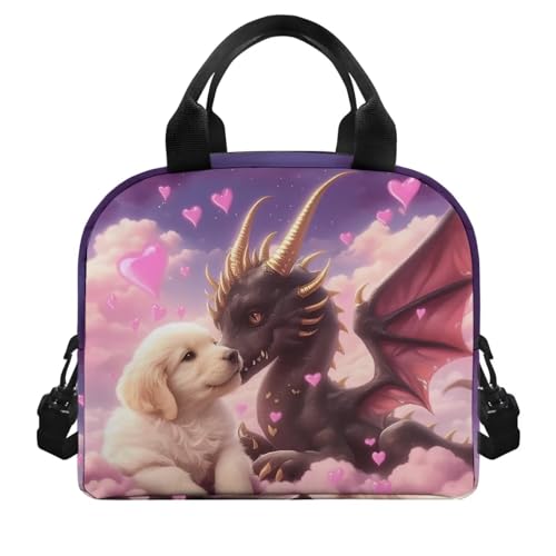 Dragon Lunch Box Girls Golden Retriever Lunch Bag Heart Insulated Lunch Box Outdoor Camping Lunchbox Picnic Lunchbox with Shoulder Straps Student Lunch Boxes - color: Dragon Golden Retriever