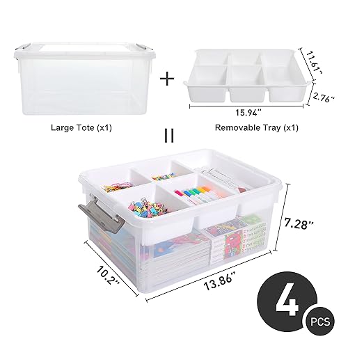 Citylife 17QT 4Packs Clear Craft Organizers and Storage Box with Tray | Stackable Art Supply Organizer Storage Bins with Lids for Beads, Markers, Sewing, Tools, Files, Office Supplies, Made in USA - size: 17 Qt- 4 Pack