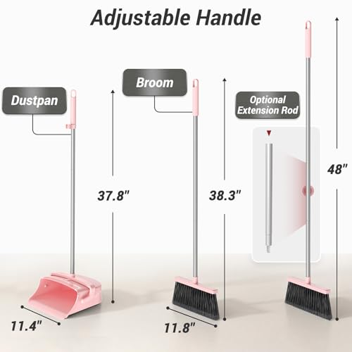 Broom with Dustpan Set for Pet Hair & Dust Cleanup, Pink | Long Handle Upright Standing Self-Cleaning Broom and Dustpan Set for Indoor Outdoor Use for Home, Kitchen, Office - color: Pink