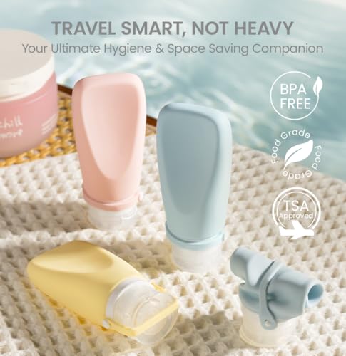 Silicone Travel Bottles for Toiletries, TSA Approved Size 3oz | Ultrasonic, Leak-Proof, Squeezable, Refillable, Sets with Labels, For toiletries, Silicone - color: Pink,Blue, Yellow