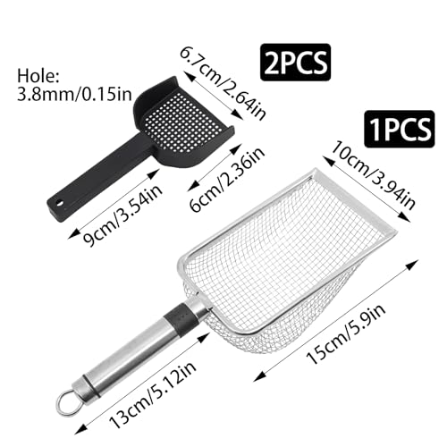 PINE & LINEN 3pcs Litter Scoop,Fine Mesh Guinea Pig Accessories Sandbath Box,Stainless Steel Small Animals Shovel for Hamster/Cat/Reptile(1pcs Big 2pcs Small)