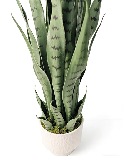 Dayuleaf 3 ft Artificial Sansevieria Plant with White Decorative Pot, Realistic Faux Snake Plant, Green with Dark Green Horizontal Stripes