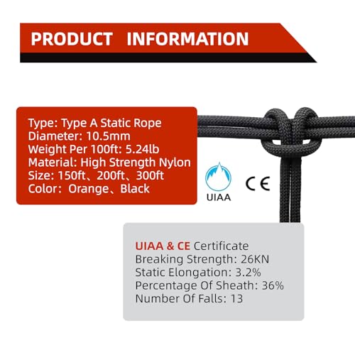 UIAA Static Climbing Rope 10.5mm, 45M(150FT) Black Nylon Rope | Kernmantle Rope, Rappelling Rope, For Survival, Rescue Cord, Rock Mountaineering, Hauling - color: Black, size: 10.5mmx45m