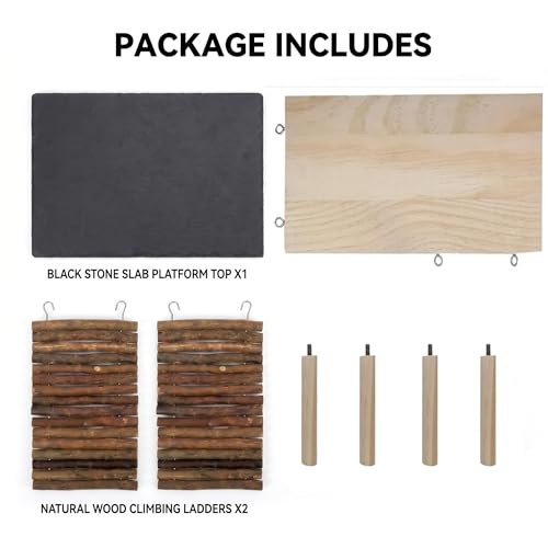 Bearded Dragon Basking Platform, Natural Slate Reptile Basking Rock with Wooden Climbing Ramp, Terrarium Habitat Decor for Lizard, Leopard Gecko, Tortoise, Snake