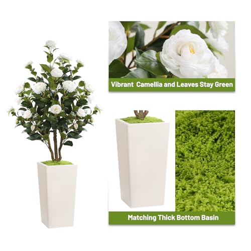 MARCH WIND 4FT Artificial Camellia Tree with White Tall Planter, Faux White Camellia Plant Flower Tree for Modern Home Office Living Room Floor Décor – Pure & Elegant - color: White