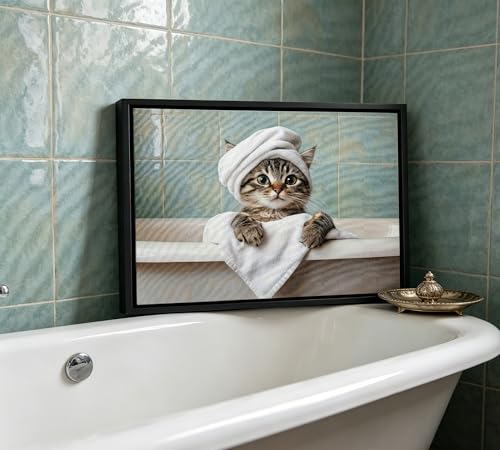 Funny Tabby Cat Bathroom Wall Art, Cute Kitten in Bathtub with Towel Framed Canvas Wall Decor, Humorous Animal Print for Bathroom, Restroom, Toilet, 8x10 Inch - color: Cat A, size: 10"L x 8"W