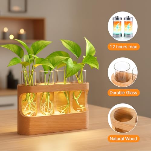 OUTON Rechargeable Plant Propagation Station with LED Light, Wooden Propagation Vase Set with Glass Tubes, Lighted Plant Terrarium for Indoor Plant Cuttings, Gift for Plant Lovers