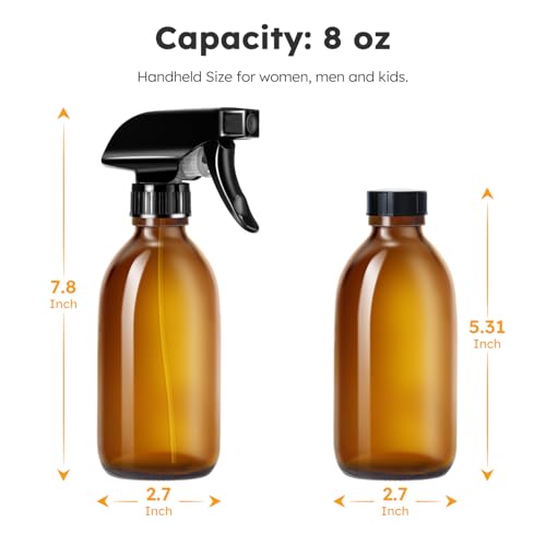 Tecohouse Glass Spray Bottles 8oz, 2 Pack Amber Glass Spray Bottles | Empty Glass Spray Bottles for cleaning, Plants, Pets, Hair, Durable Spray Nozzle, Fine Mist, Labels, Funnel, Pipettes - color: Amber