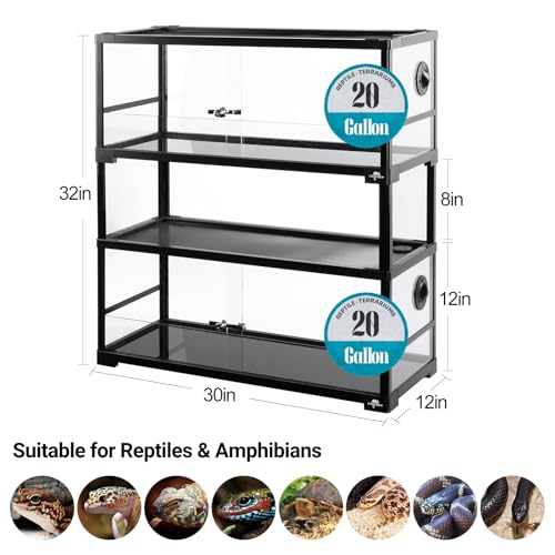 Double Stacked Reptile Tank, 30" x 12" x 32" Tall Reptiles Terrarium, Front Opening, Full Vision, Knock Down, 2 Pack 20 Gallon Glass Cage for Reptile, Bearded Dragon, Lizard, Snake, Gecko - size: 30" x 12" x 32"