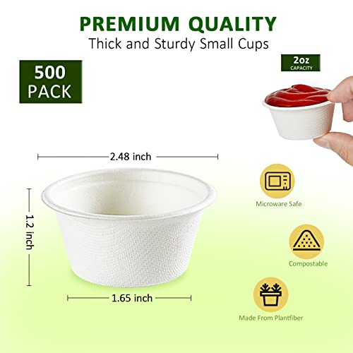 Vplus 500 Pack 2 OZ Disposable Souffle Cups, Compostable Portion Cups | Made From Bagasse Fibe, Perfect For Dips, Food Sample, Jams, Honey, Sauces, Nuts - color: 2OZ 500PACK