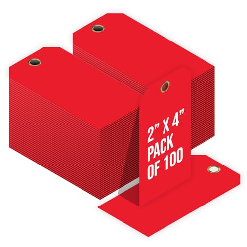 Tags 4 Less 15 Mil Waterproof Plastic Tags, Pack of 100 – 2” x 4” Heavy Duty Plastic Tags for Labeling, Outdoor Tagging, Equipment Labeling, Luggage, Valves & More (Red) - color: Red, size: 2" x 4"