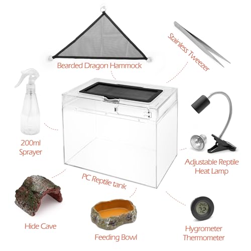 AZV Reptile Tank Starter Kit,8 Piece Escape Proof Hermit Crab Cage Large | All In One Lizard Terrarium,Multi-Vent Compatible Gecko Habitat,Clear PC Material Frog Enclosure,Easy-Clean Waterproof Base - size: Large(15.6*10*8IN)