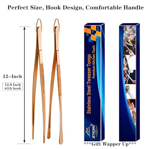 JETKONG 2 Pcs 12-Inch Kitchen Tweezers Cooking Tweezer Tongs Stainless Steel Long Food Tweezers (Rose Gold) - color: Rose Gold, size: 12+12 Inch