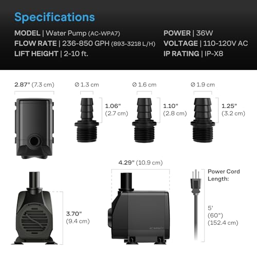 AC Infinity 850 GPH Submersible Water Pump (3218 L/H 36W) | Ultra Quiet Fountain Pump w/ 3 ft High Lift, 5 ft Power Cord, for Fish Tanks, Aquariums, Fountains, Statuaries, Ponds, Pools - size: 850 GPH