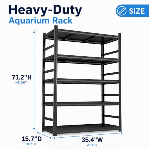 20-50 Gallon Fish Tank Stand, Aquarium Stand with 5-Tier Storage Shelves, Heavy Duty Terrarium Stand for Turtle Tank, Reptile Terrarium, 35.4" Wx 15.7" Dx 71.2" H, Black