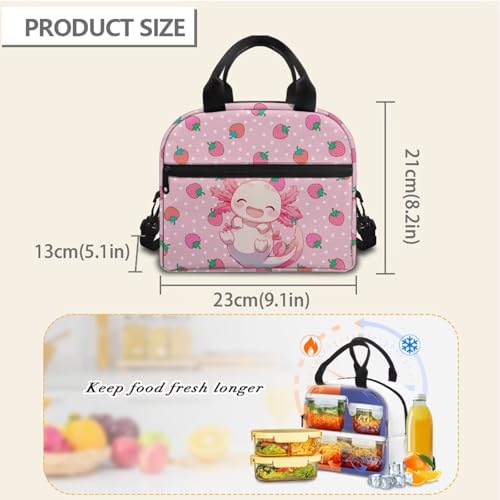 Axolotl Kids Lunch Box Girls Strawberry Lunch Bag Reptiles Insulated Lunch Bag Outdoor Pink Picnic Lunch Boxes Camping Cute Lunchbox for School Lunchbag - color: Axolotl Strawberry