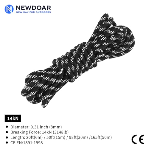 Static Climbing Rope - 8mm (5/16c) / 10mm (3/8”) Double Braid Accessory Cord for Rock,Hauling, Prusik, Survival - Pre-Cut 20FT, 50FT, 100FT, 165FT Lengths - Outdoor, Fire Rescue Equipment - color: Black, size: 5/16 in x 165 ft