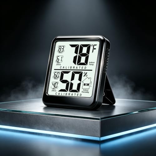 Room Thermometer Indoor Hygrometer, Temperature and Humidity Meter | W/ Battery, 24h Max/Min Record, Accurate Sensor, Fast Refresh, Easy to View, ℉/℃, Durable Kickstand, Compact, for Home Office - color: Black