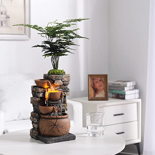 Indoor Fountain 4-Bowl Rockery Soothing Sound Tabletop Fountains Home/Office Decor with a Small Plastic Pot to Grow The Plant by Yourself(Automatic Watering)(23001)
