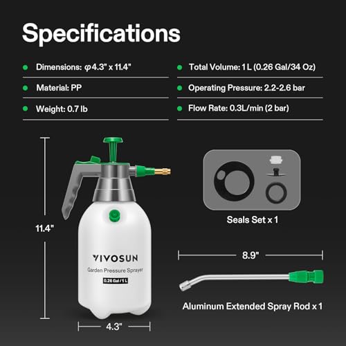 VIVOSUN 1L Pump Sprayer, 34oz Water Spray Bottle with Safety Valve | Handheld Garden Sprayer, Adjustable Nozzle, Extended Spray Rod & Additional Seals, Ideal for Watering, Fertilizing, Cleaning - size: 34 ounce