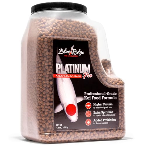 Blue Ridge Koi Platinum Pro 41% Protein Fish Food, 3/16" Pellets, 4.5 lb | Floats, softens fast; Spirulina & Canthaxanthin color support; probiotic-enriched; warm-season formula - size: 4.5 Pound (Pack of 1)