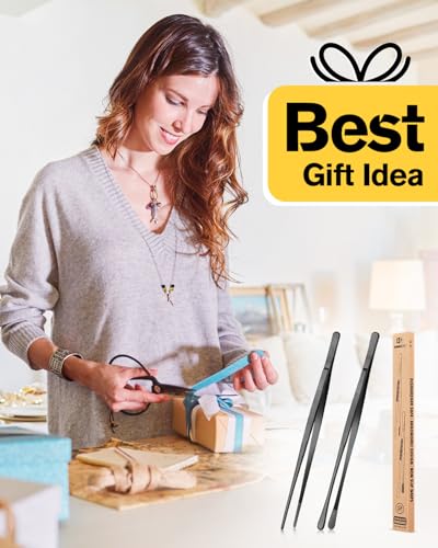 2 Pcs 12-Inch Kitchen Tweezers Fine Tweezer Tongs, Stainless Steel Professional Long Cooking Tweezers for BBQ, Sea Food, Repairing and Serving (BLACK) - color: Black, size: 12 IN