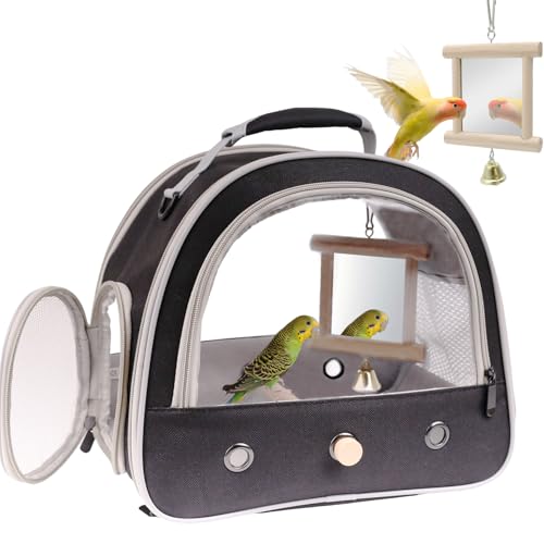Parrot Travel Cage Carrier with Bird Cage Bells Mirror Set,Portable Small Bird Parakeet Bag with Standing Perch and Comfy Mat Bird Carry Transport Bag with Clear Window Outdoor Adventure - color: Black, size: 12.0"L x 8.0"W x 12.0"H