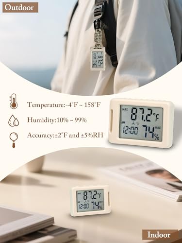 Portable Mini Thermometer,Digital Hygrometer Humidity Meter | Monitor Temperature Humidity,Display Time Date,Hourly Chime,10s Fast Refresh,Thermometer for Camping Hiking Travel