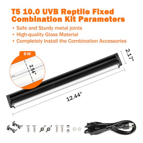 T5 10.0 UVB Reptile Light Fixture, 8W 12" for Bearded Dragon | Combo kit with stand & hood. 8W 12" T5 10.0 UVB/UVA. For bearded dragons, tortoises, lizards & amphibians. - color: Black-fixture, size: T5-12"