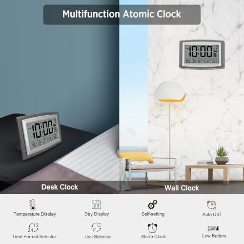 Atomic Clock 12.5 Inch Self-Setting Digital Wall Clock | Indoor/Outdoor Temperature, Battery Operated Wall Clocks or Desk Clocks, Large Display for Classroom, Garage, Office - size: 12.5 INCH